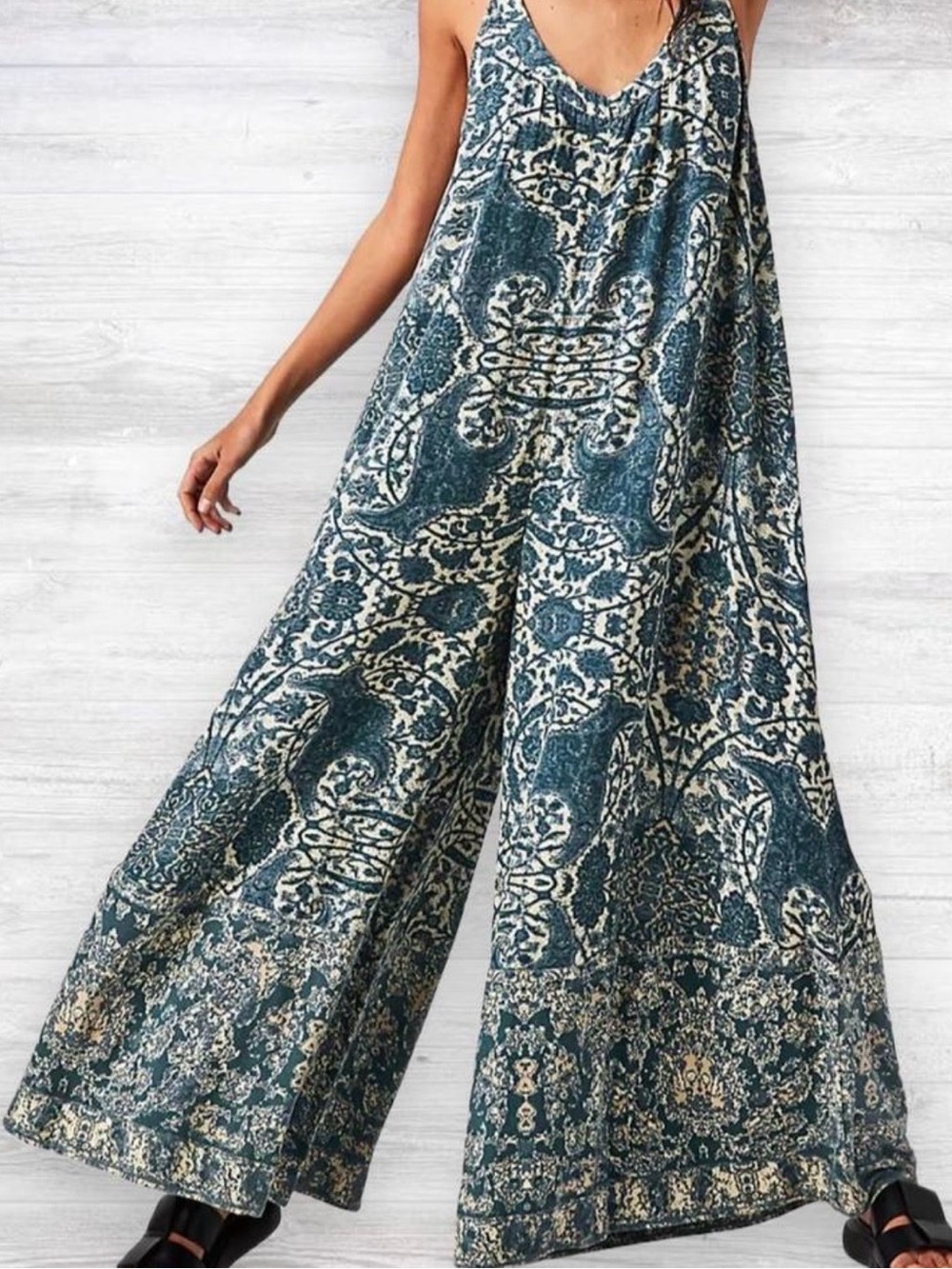 Free People Teal & Ivory Printed Wide-Leg Jumpsuit